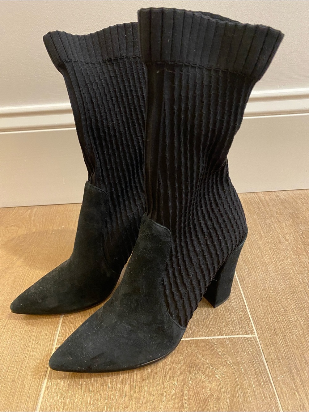Dolce Vita Black Ribbed Knit & Suede Pointed-Toe Heeled Boots